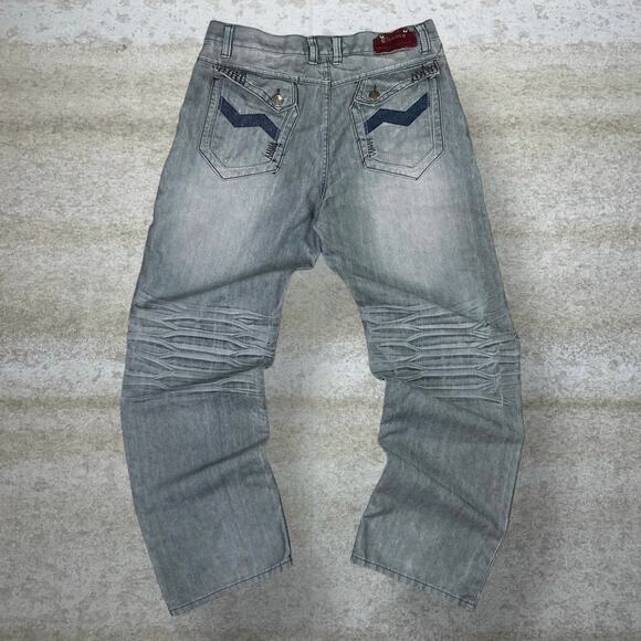 Vintage Skater Wide Leg Jeans Shams Metallic Grey Wash Baggy Embroidered Y2K